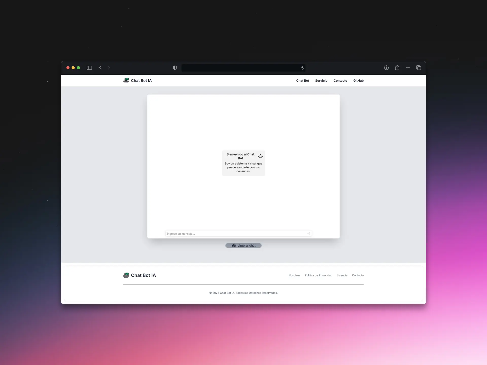 Captura de pantalla del proyecto. Chat Bot Landing