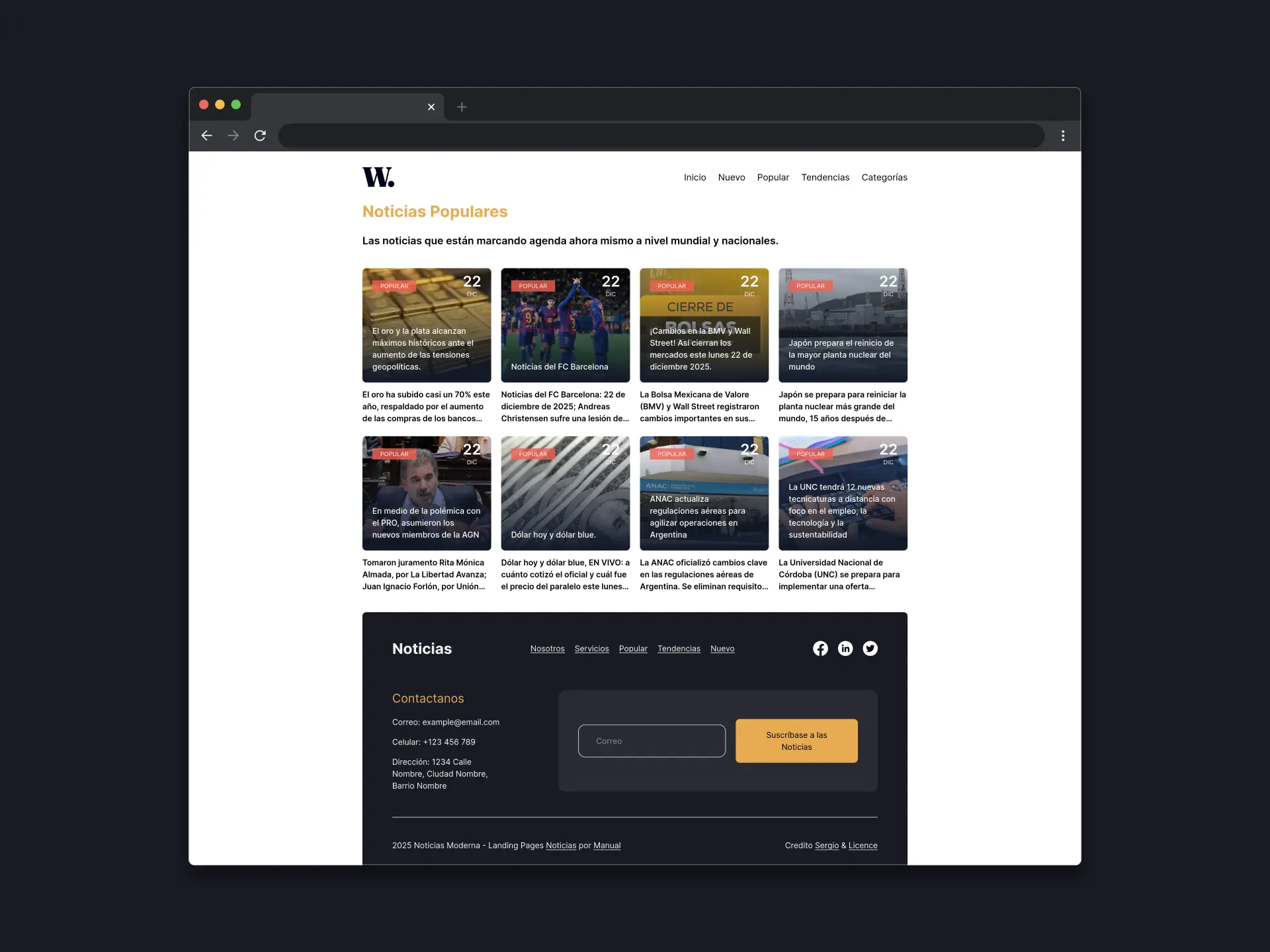 Captura de pantalla del proyecto. Pagina de Noticias Moderna
